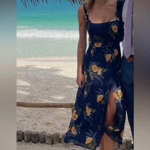 Reformation Navy Floral Maxi Dress with Yellow Rose Print